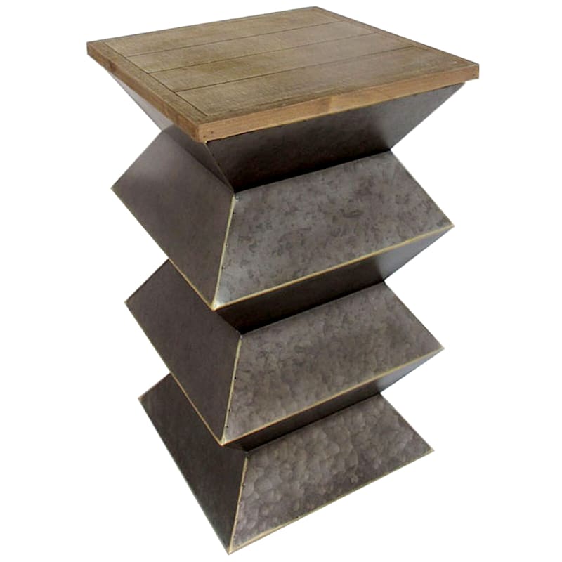 Wood Top Zig Zag Plant Stand With Metal Base