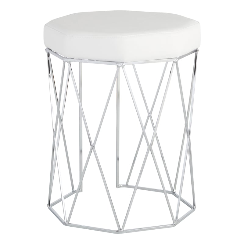 Prisma Chrome Wire Vanity Stool Padded, White Leather Stool For Vanity