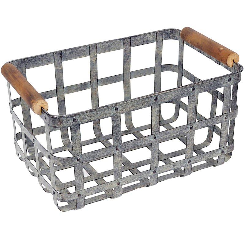 Galvanized Metal Rectangle Basket with Wooden Handle, Large