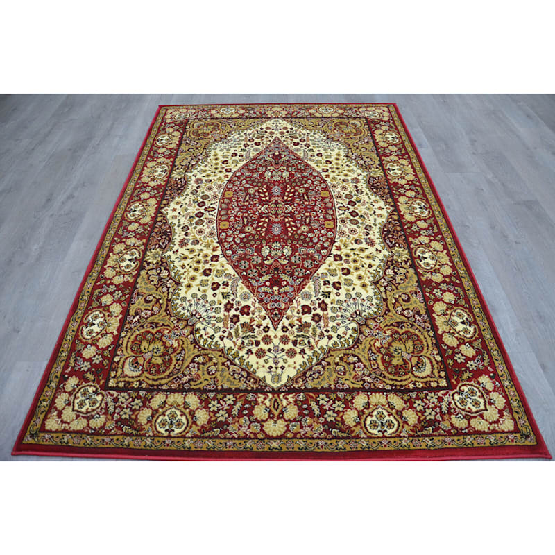(B33) Ivory & Red Traditional Teardrop Design Area Rug, 8x10
