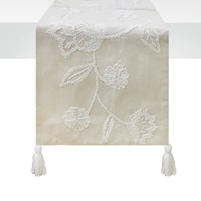Tracey Boyd White Embroidered Neutral Table Runner, 90"