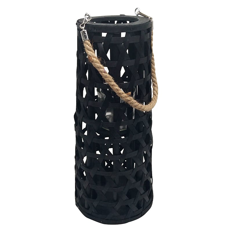 Black Wood Cutout Lantern with Rope Handle, 16"