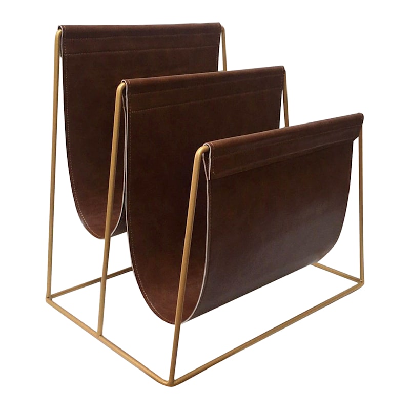 Golden Metal & Brown Faux Leather Magazine Holder