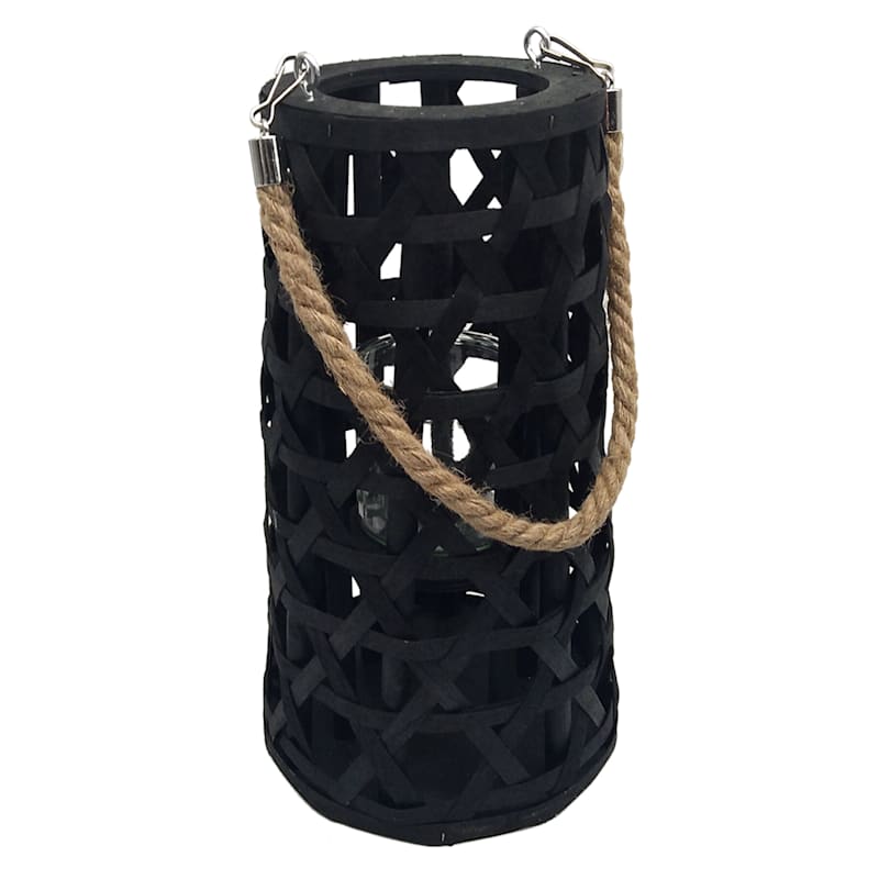 Black Wood Cutout Lantern with Rope Handle, 12"
