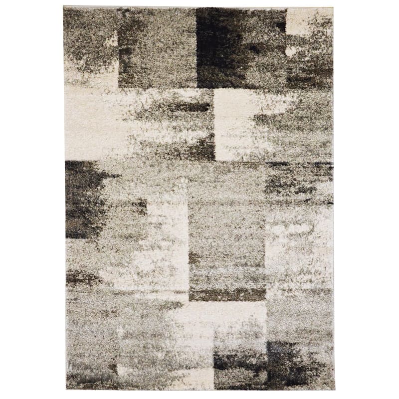(B501) Ivory & Grey Abstract Block Area Rug, 5x8