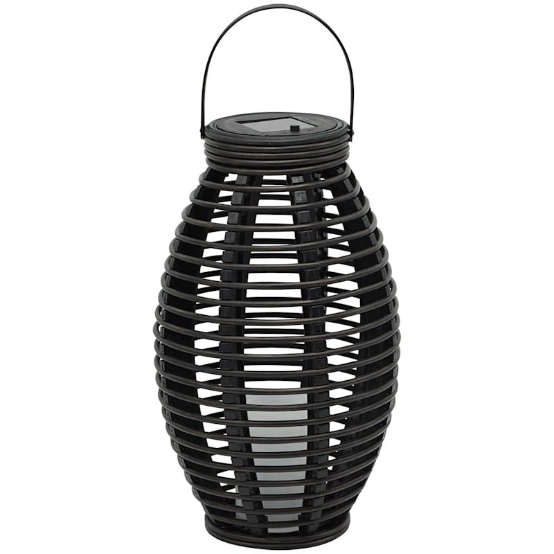 LED Candle Black Faux Rattan Solar Barrel Lantern, 13"