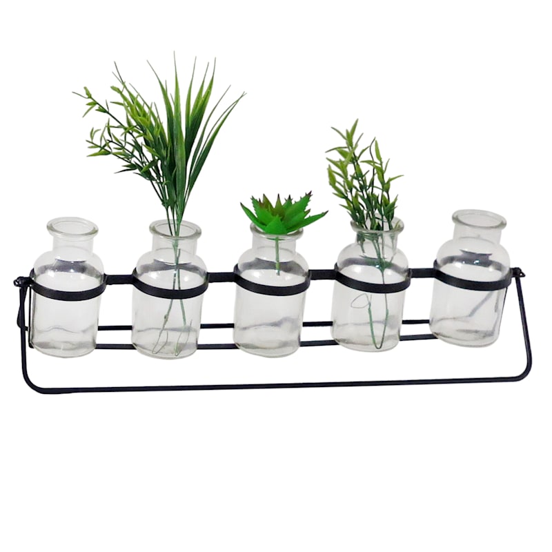 Floating Set of 5 Clear Glass Bud Vases with Black Stand, 20