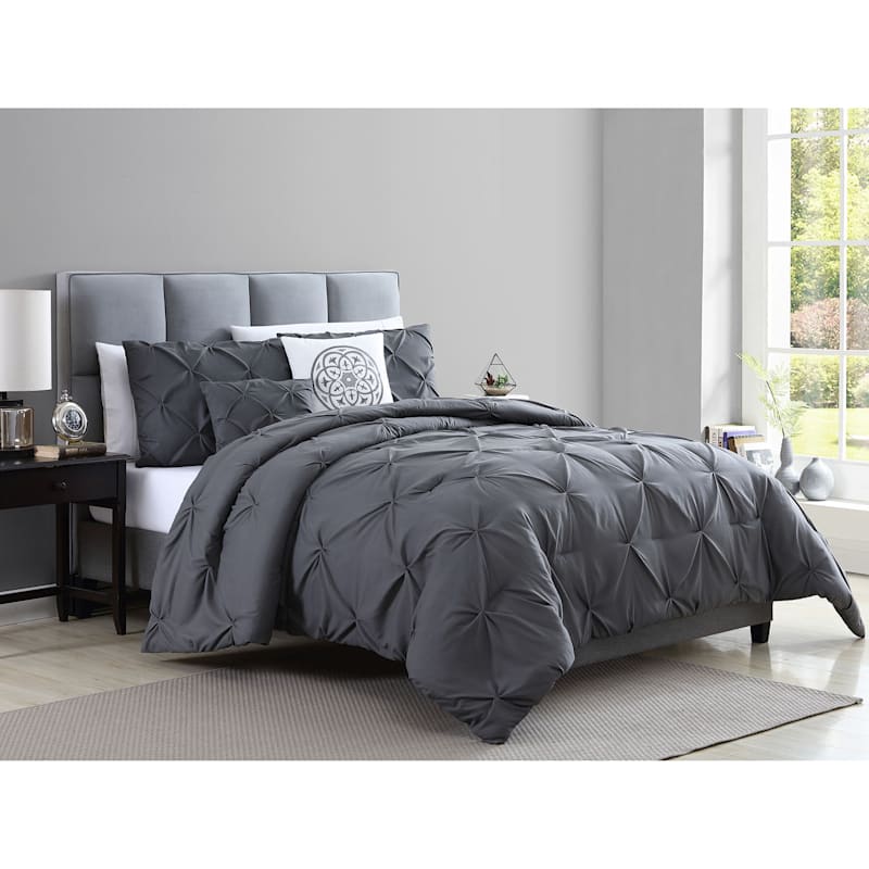 Blanca Grey 5 Piece Pleat Comforter Set, King Size Bed Comforter Set White