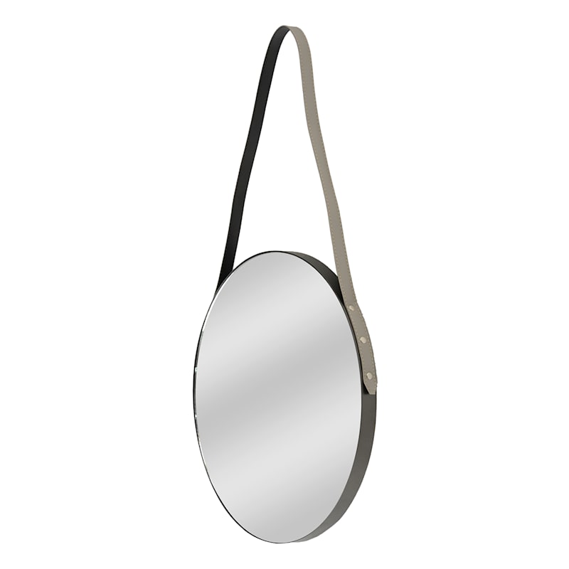 Hanging Round Mirror with Leather Strap, 16"
