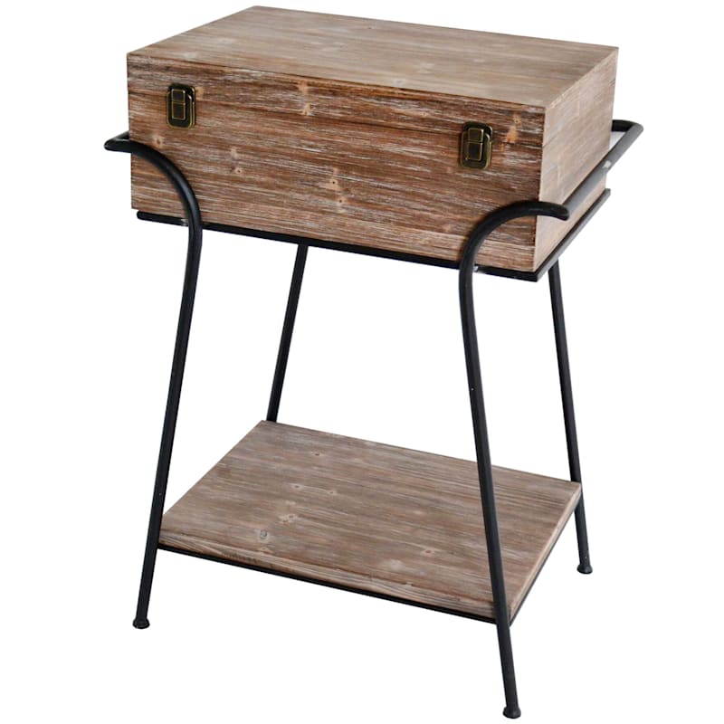 Wood Storage Top Shelf Accent Table, Wood And Metal Side Table With Storage