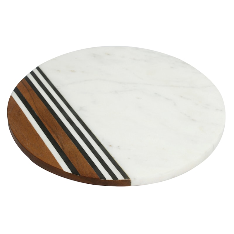White Marble & Acacia Wood Round Serving Board, 12"