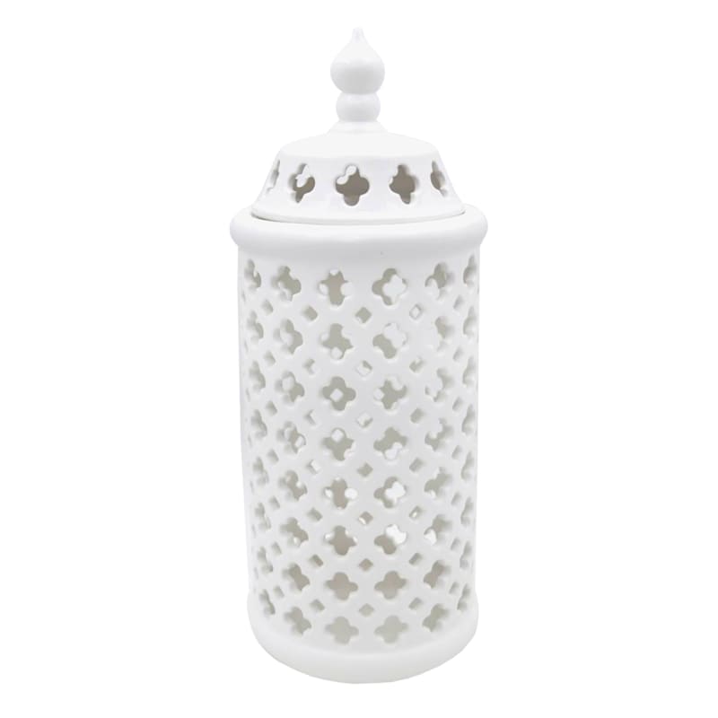 White Ceramic Cutout Cylinder with Lid, 15"