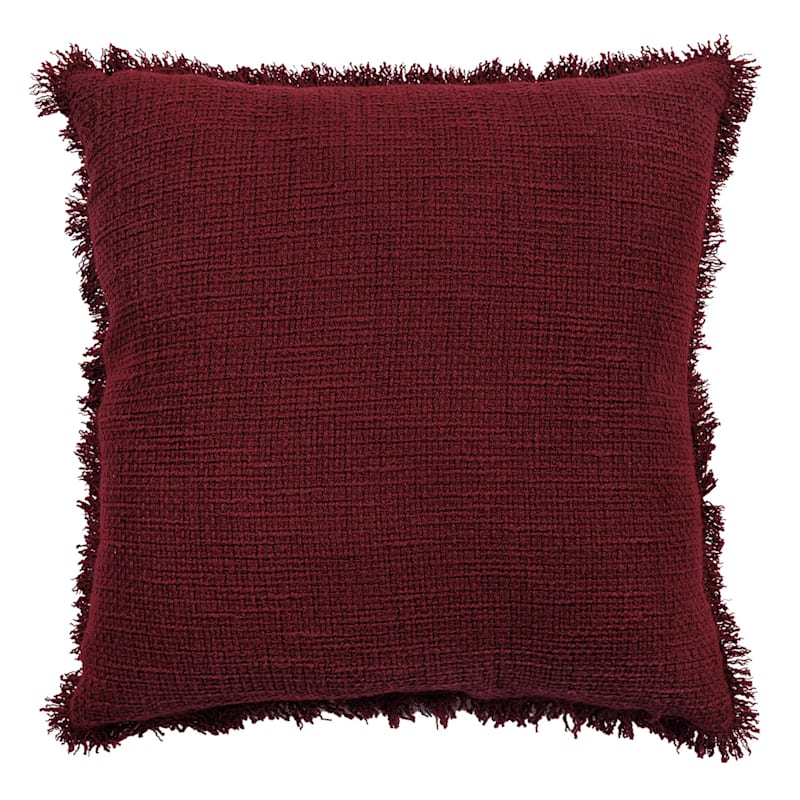 Red Cotton Waffle Textured Throw Pillow with Fringe, 18"