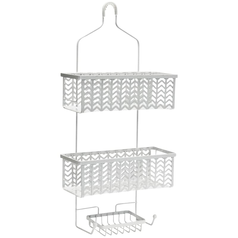 2-Tier White Metal Chevron Punched Shower Caddy with Soap Dish