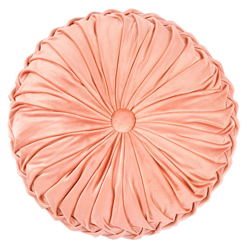 Holan Coral Pink Pleated Velvet Round Throw Pillow, 16"