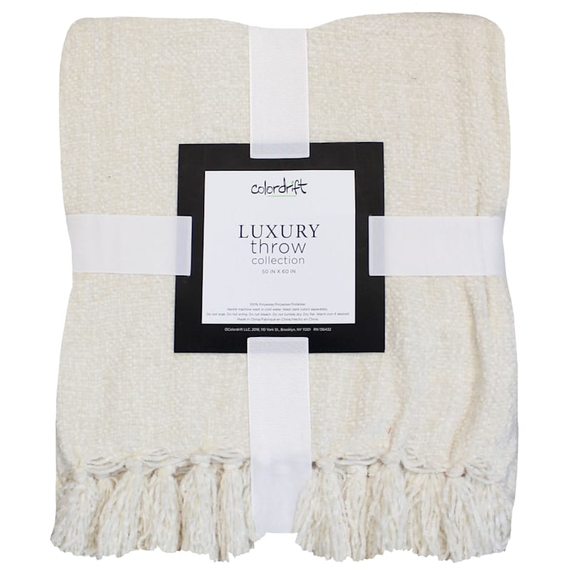 Isabell Ivory Chenille Fringe Throw Blanket, 50x60