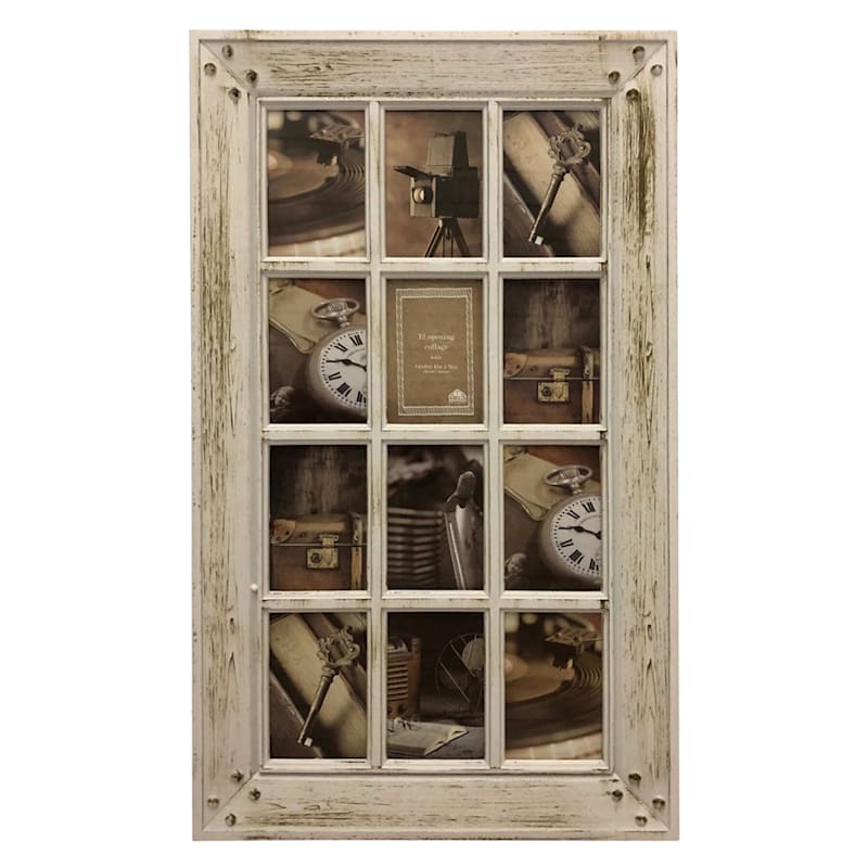 12-Opening Distressed White Window Pane Wall Collage Picture Frame, 30x18