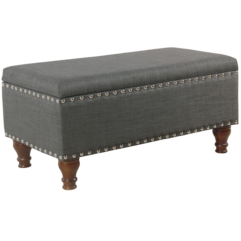 Jasmine Charcoal Grey Upholstered Storage Bench with Nail Heads