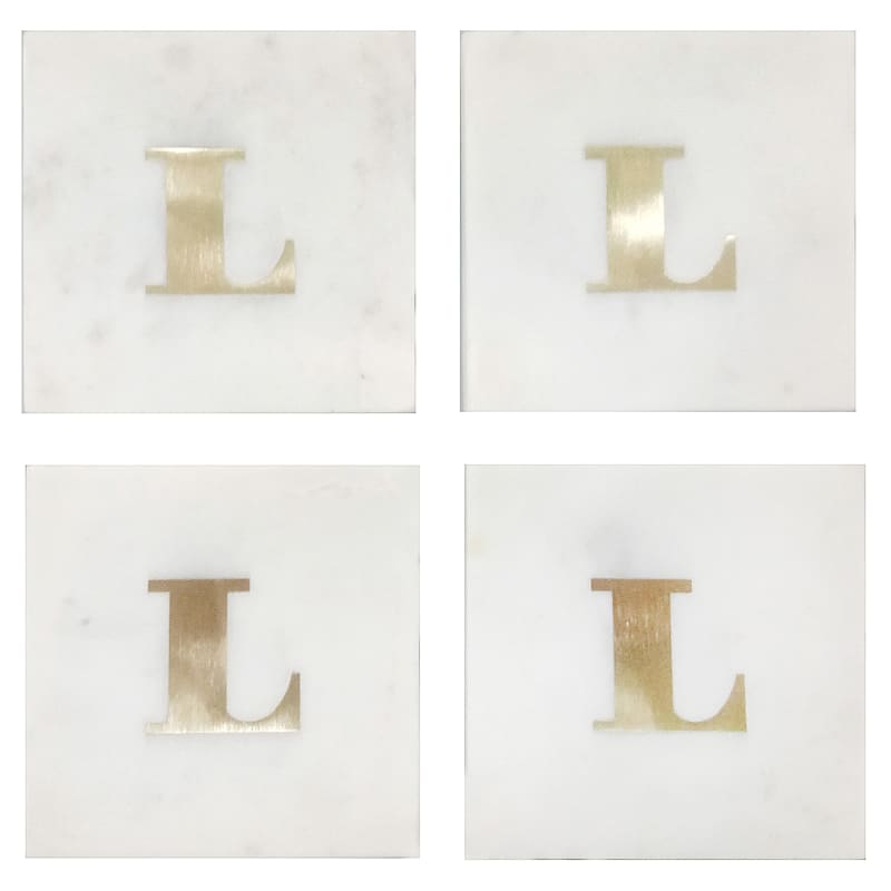 White Marble/Brass L Monogram Coaster Set Of 4