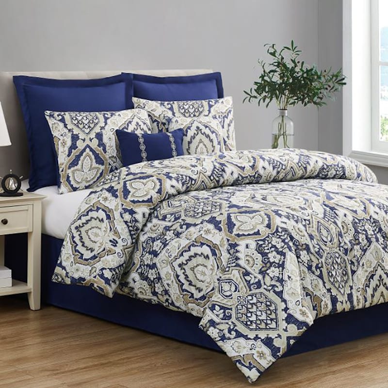 Capri Navy Blue 8 Piece Comforter Set, Navy Blue Queen Bed Set