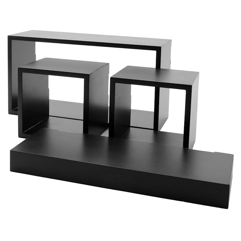 4-Piece Wall Shelf Cube Set Black 2 Square Cubes 1 Rectangle Cube 1 Ledge