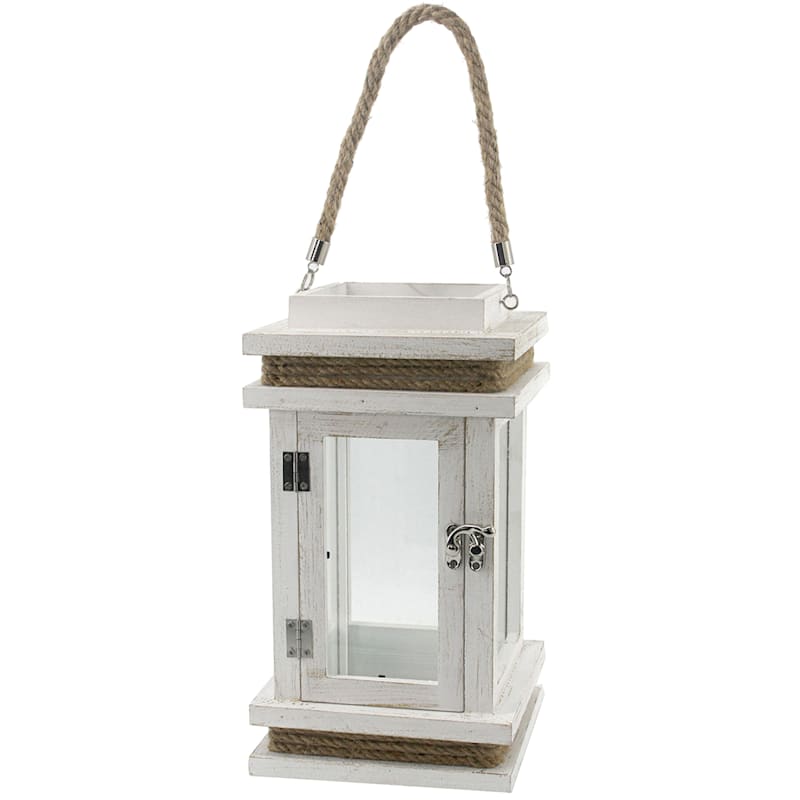 Wood Square Lantern with Rope Handle, 11.5"