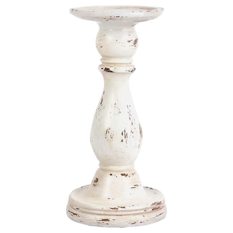 Distressed White Pillar Candle Holder, 8"