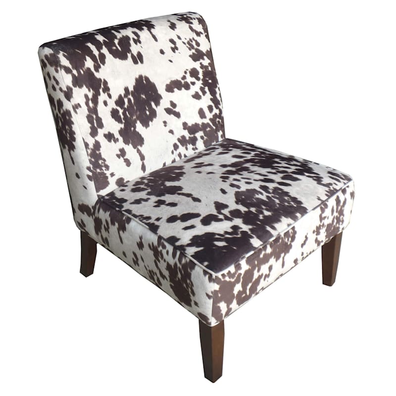 Cowhide-Print Fabric Slipper Chair, White & Brown