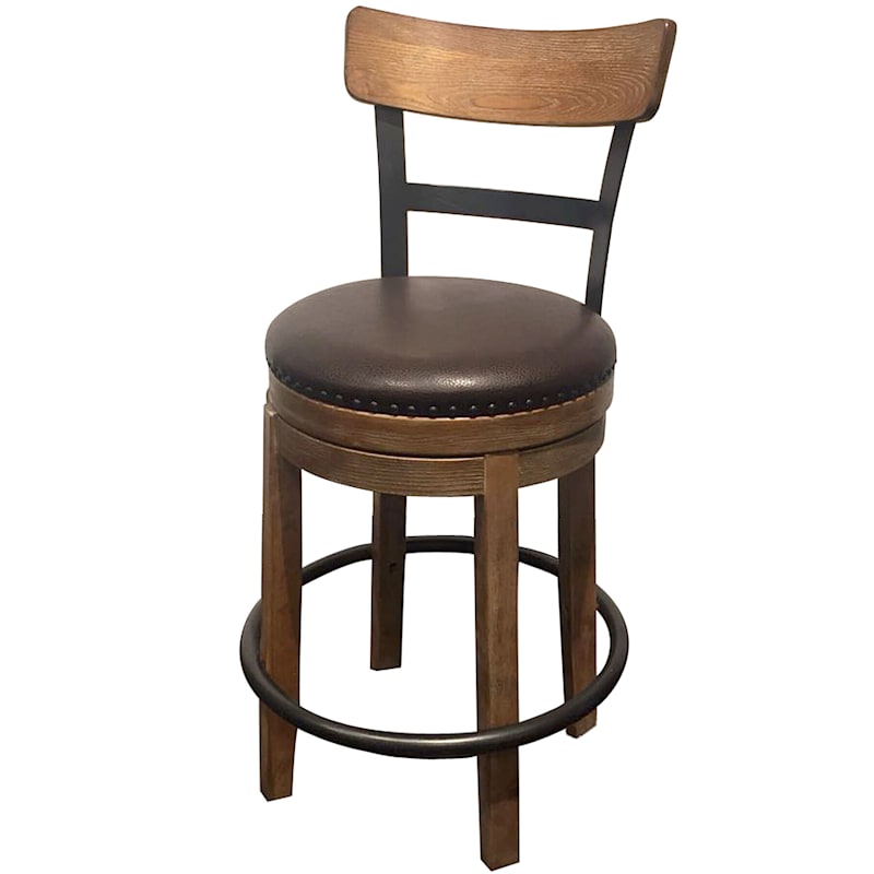 Scarlett Brown Wooden Counter Stool, Wooden Bar Stool With Leather Seat