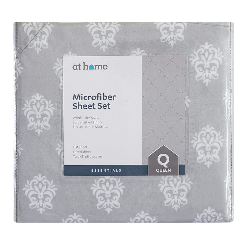 4-Piece Grey Damask Print Microfiber Sheet Set, Full