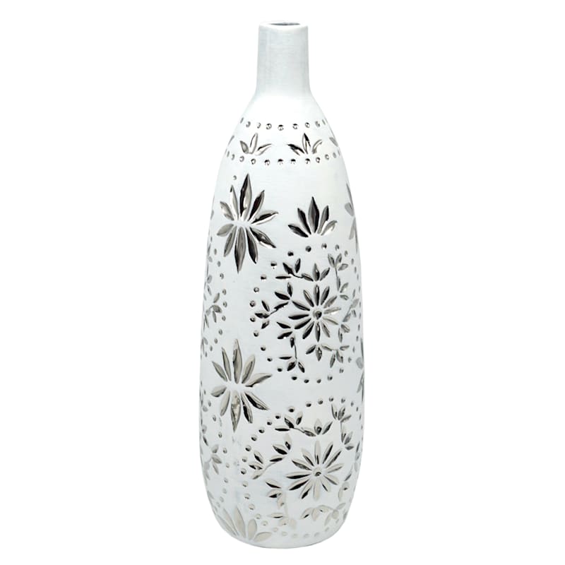 Found & Fable Silver & White Etched Floral Ceramic Vase, 17"