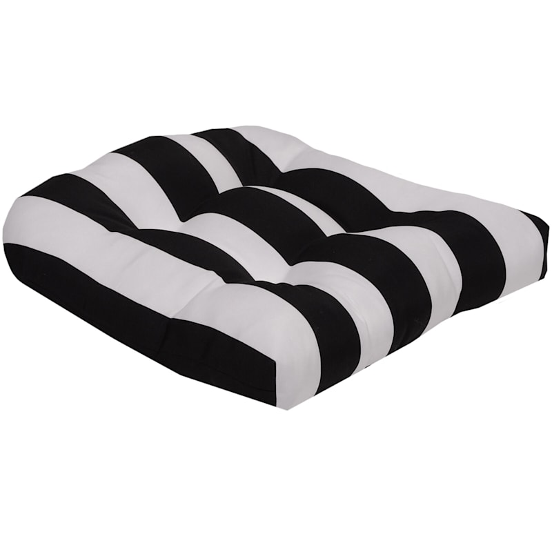 Black Awning Stripe Outdoor Wicker Seat, Black And White Stripe Outdoor Dining Chair Cushion