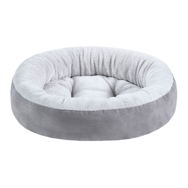 Grey Faux Suede & Microtec Donut Pet Bed, 18"
