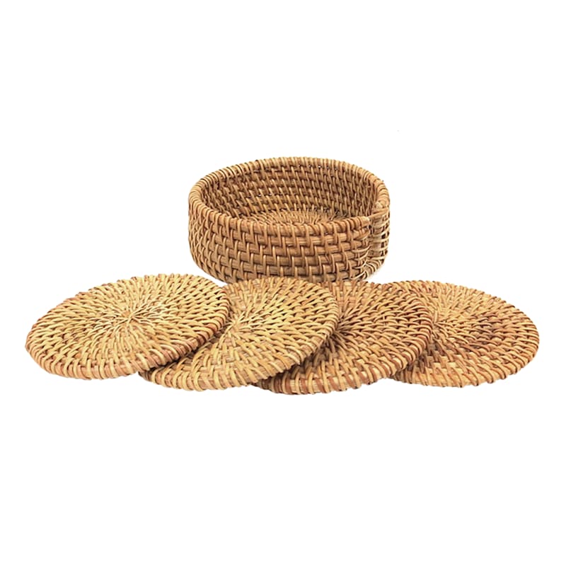 Grace Mitchell Set of 4 Round Rattan Coasters with Holder