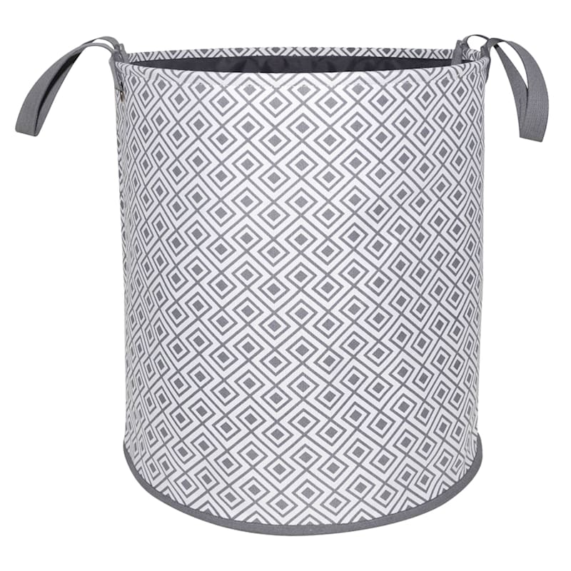 Geo Round Canvas Collapsible Laundry Hamper with Handles, Grey