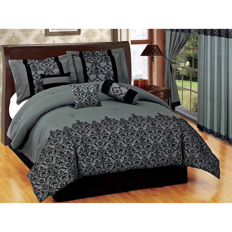 7-Piece Grey Deluxe Flocked Lace Premium Comforter Set, Queen