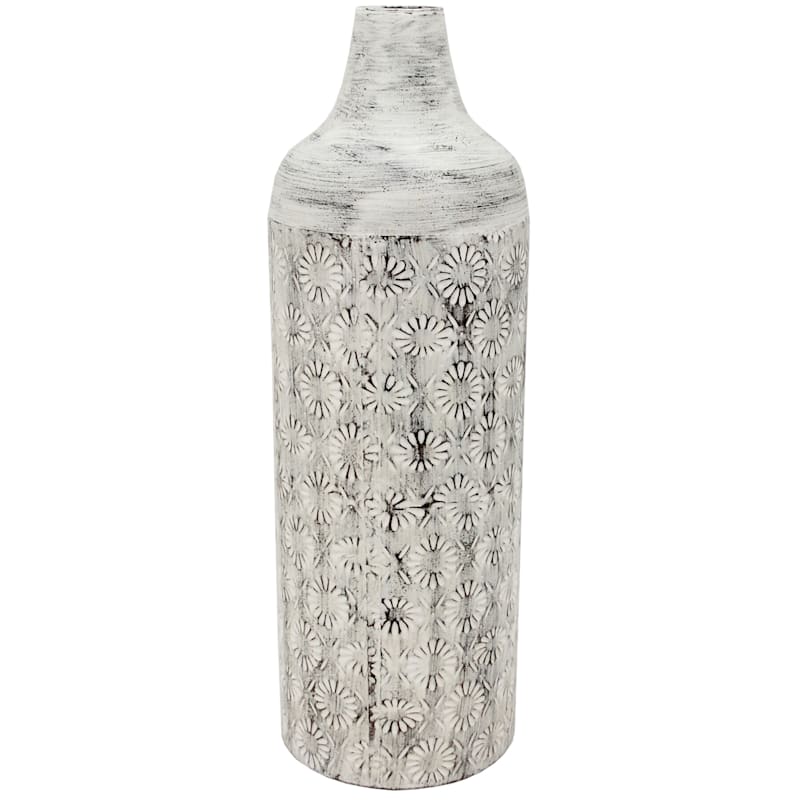 Distressed White Metal Vase with Perforated Flowers, 24"