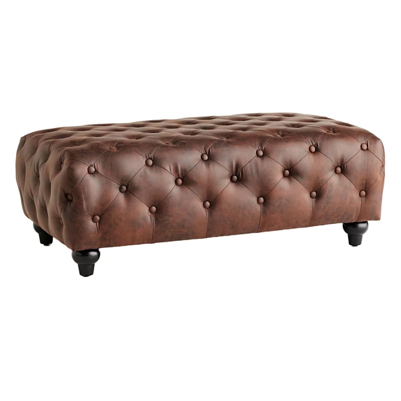 Chesterfield Tufted Brown Faux Leather, Distressed Leather Ottoman Rectangle Bed