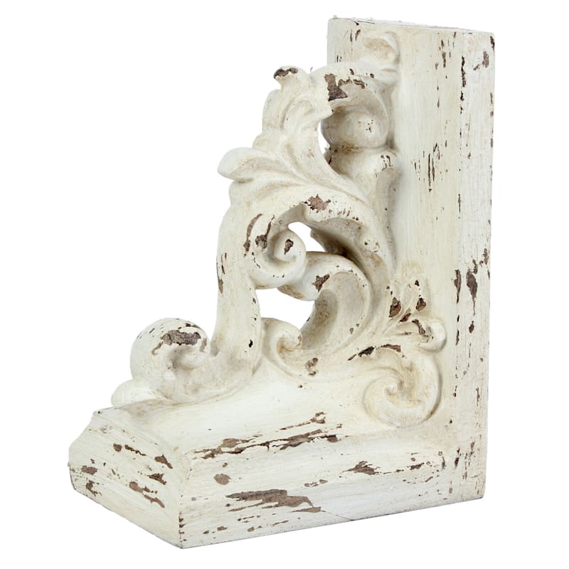 1-Piece White Distressed Scroll Bookend, 7"