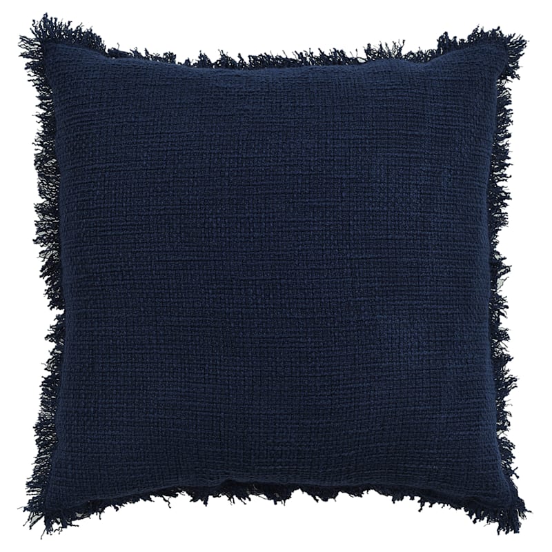 Navy Cotton Waffle Textured Throw Pillow with Fringe, 18"