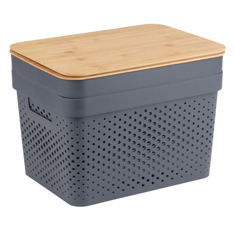 2-Pack Grey Plastic Storage Container with Bamboo Lid, Large