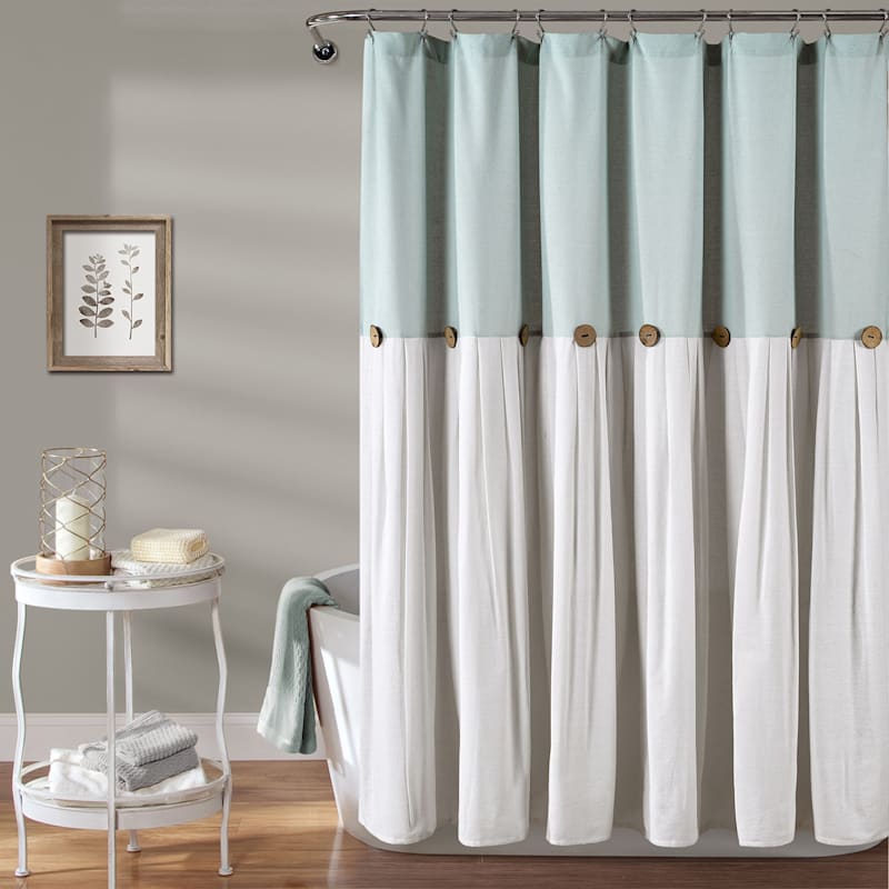 Light Blue Faux Linen Pleated Shower Curtain with Buttons, 72x72