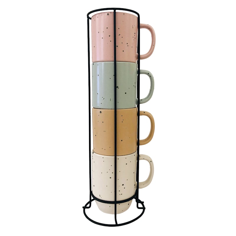 14oz Stacked Set Of Four Pastel Mugs Metal Rack/Assorted Colors