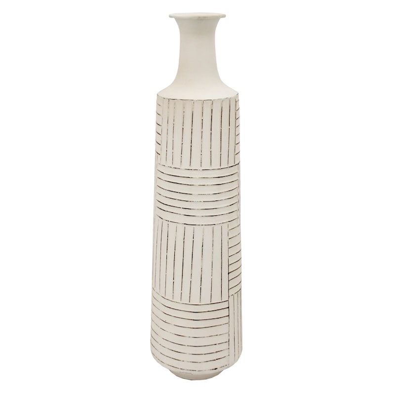 Distressed White Metal Vase, 25"