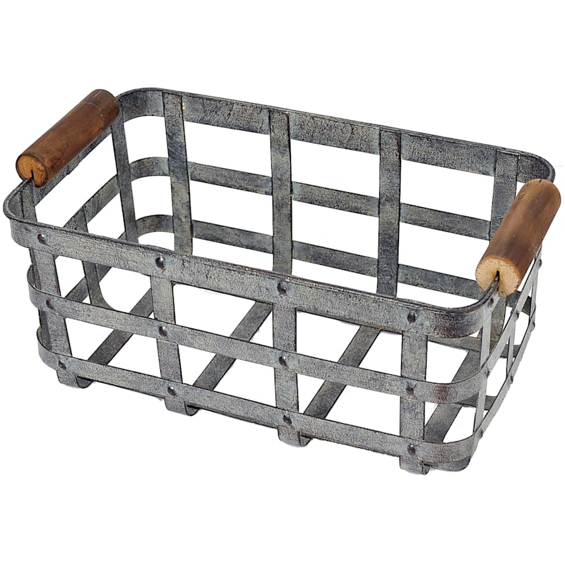 Rectangle Galvanized Metal Basket W/Wooden Handle S