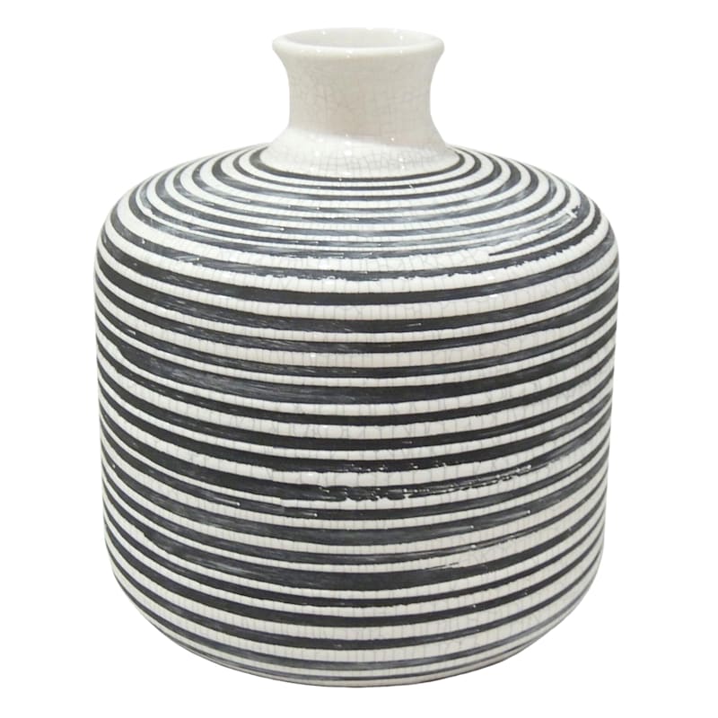 Black & White Striped Ceramic Vase, 8"