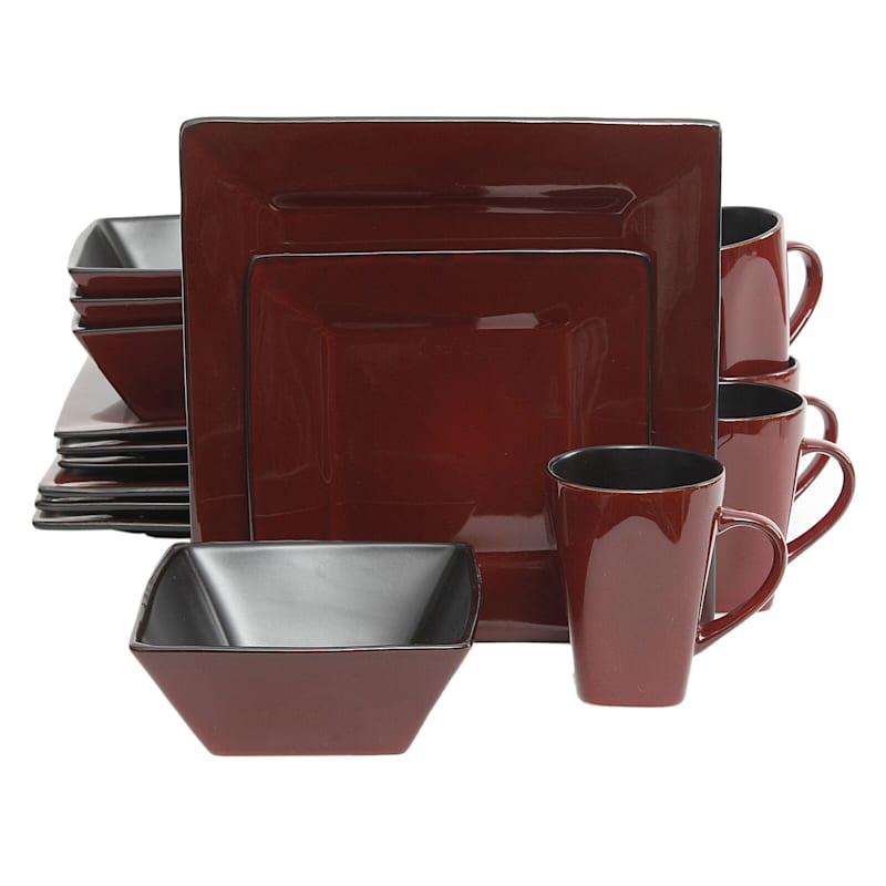 GE Kiesling 16-Piece Hard Square Dinnerware Set Red Black Stoneware