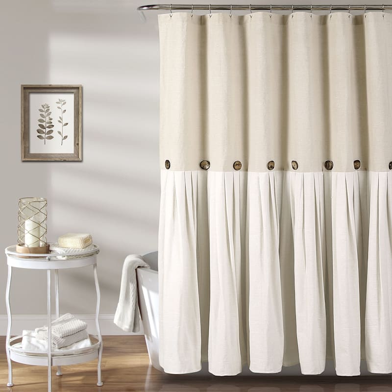 Natural Faux Linen Pleated Button Shower Curtain, 72"