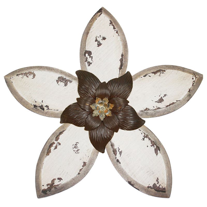 15X14 Tan Distressed Wood Flower And Metal Wall Decor