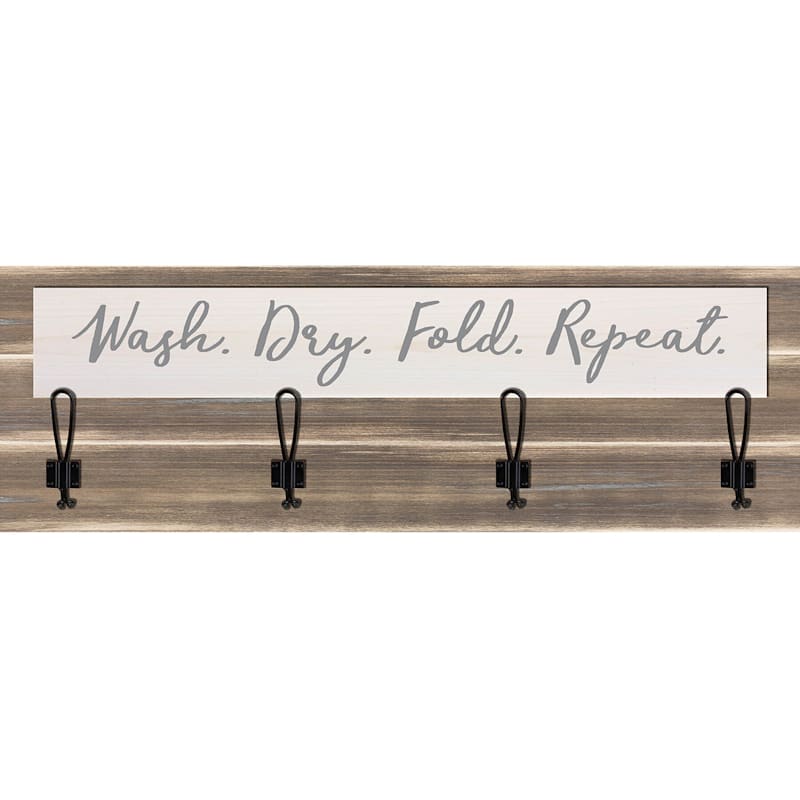 12X36 Wash Dry Fold Repeat Wood Plaque With Hooks